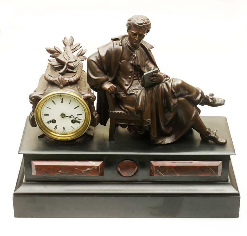 Appraisal: th CENTURY SLATE AND SPELTER FIGURAL MANTEL CLOCK the figure