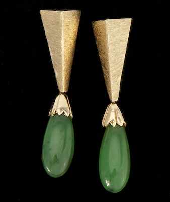 Appraisal: A Pair of Gold and Jade Earrings k yellow gold