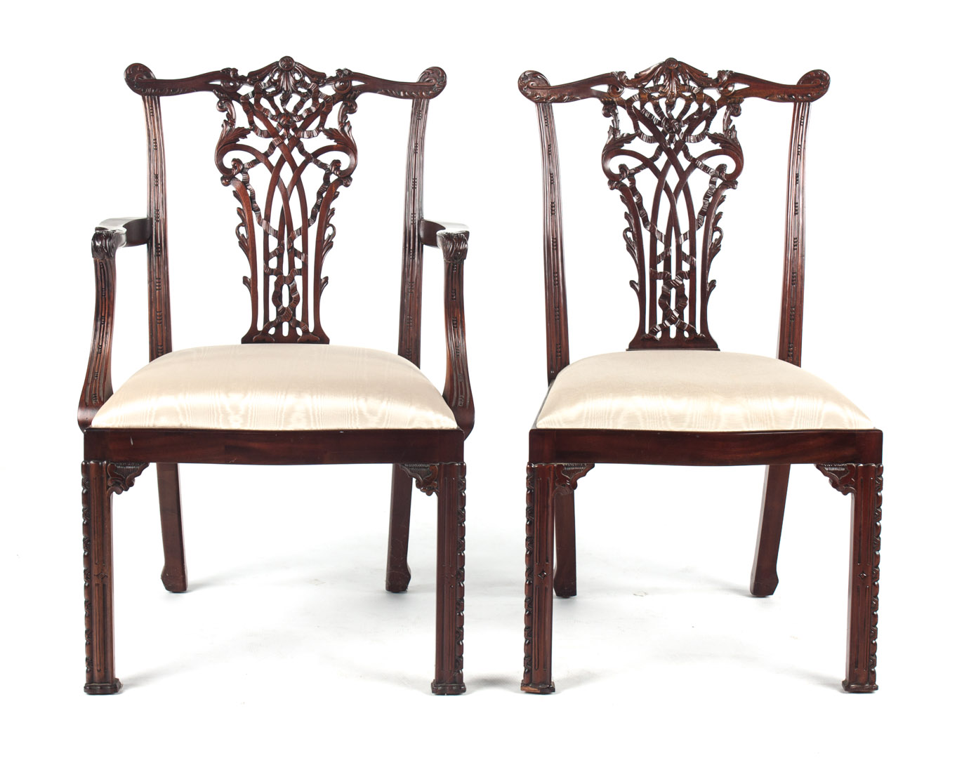 Appraisal: Two Chinese Chippendale mahogany chairs probably Maitland Smith elaborate ribbon