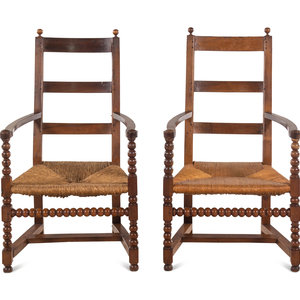 Appraisal: A Pair of Turned Walnut Rush-Seat Armchairs th Century Height