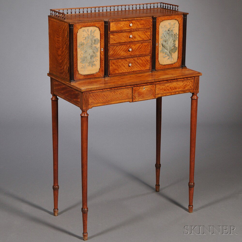 Appraisal: Regency-style Satinwood-veneer Part-ebonized and Polychrome-painted Bonheur du Jour England third-quarter