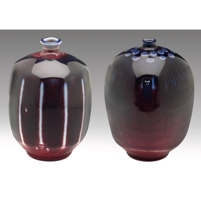 Appraisal: Tom Turner vases two contemporary bulbous shapes covered in rich