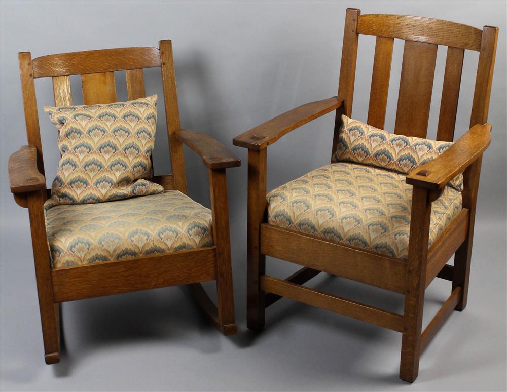 Appraisal: CHARLES LIMBERT ARTS AND CRAFTS OAK ARMCHAIR AND SIMILAR ROCKING