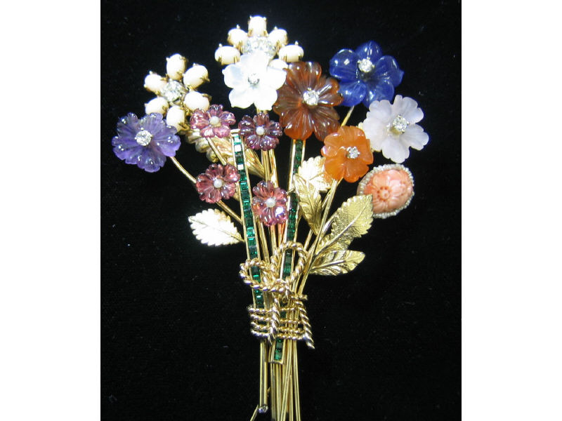 Appraisal: FLORAL BROOCH A jardiniere brooch in k yellow gold comprised