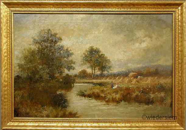 Appraisal: Oil on canvas landscape painting with a young boy and