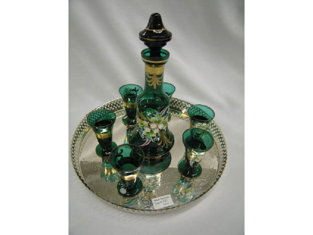 Appraisal: Czechoslovakian Art Glass Decanter cordial set deep green with floral