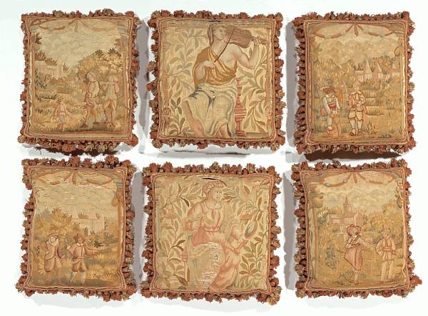 Appraisal: A group of six Aubusson tapestry fragment pillows th century