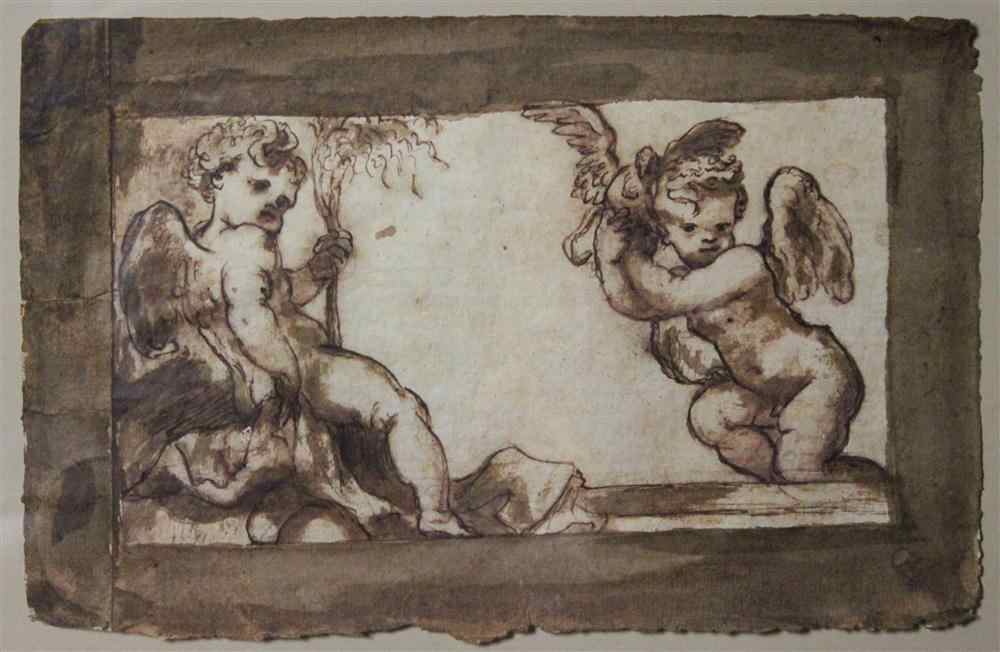 Appraisal: ITALIAN TH TH CENTURY PUTTI Watercolor on paper x in