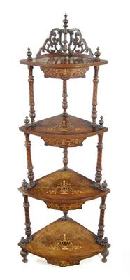 Appraisal: A late Victorian walnut and marquetry corner etagere each tier