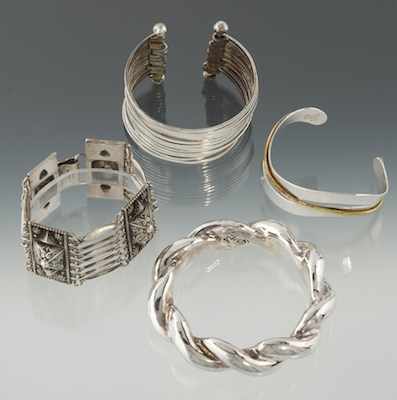 Appraisal: Four Mexican Sterling Silver Bracelets Including sterling silver bombe twist