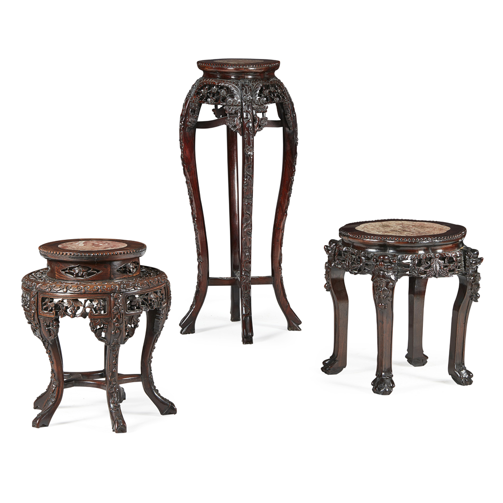 Appraisal: THREE CHINESE CARVED HARDWOOD JARDINI RE STANDS LATE TH CENTURY