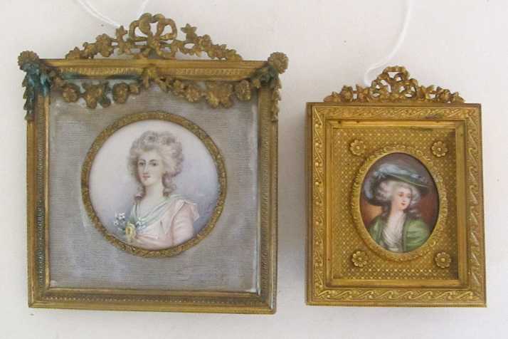 Appraisal: TWO PORTRAIT MINIATURE OIL PAINTINGS the first depicting Mademoiselle la