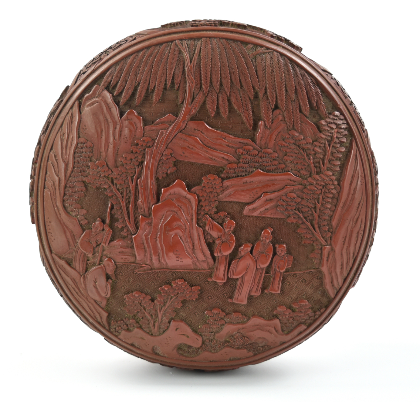 Appraisal: Chinese th C a circular red lacquer box carved with