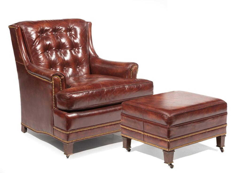 Appraisal: Leather Club Chair and Ottoman labeled Hancock Moore tufted seat