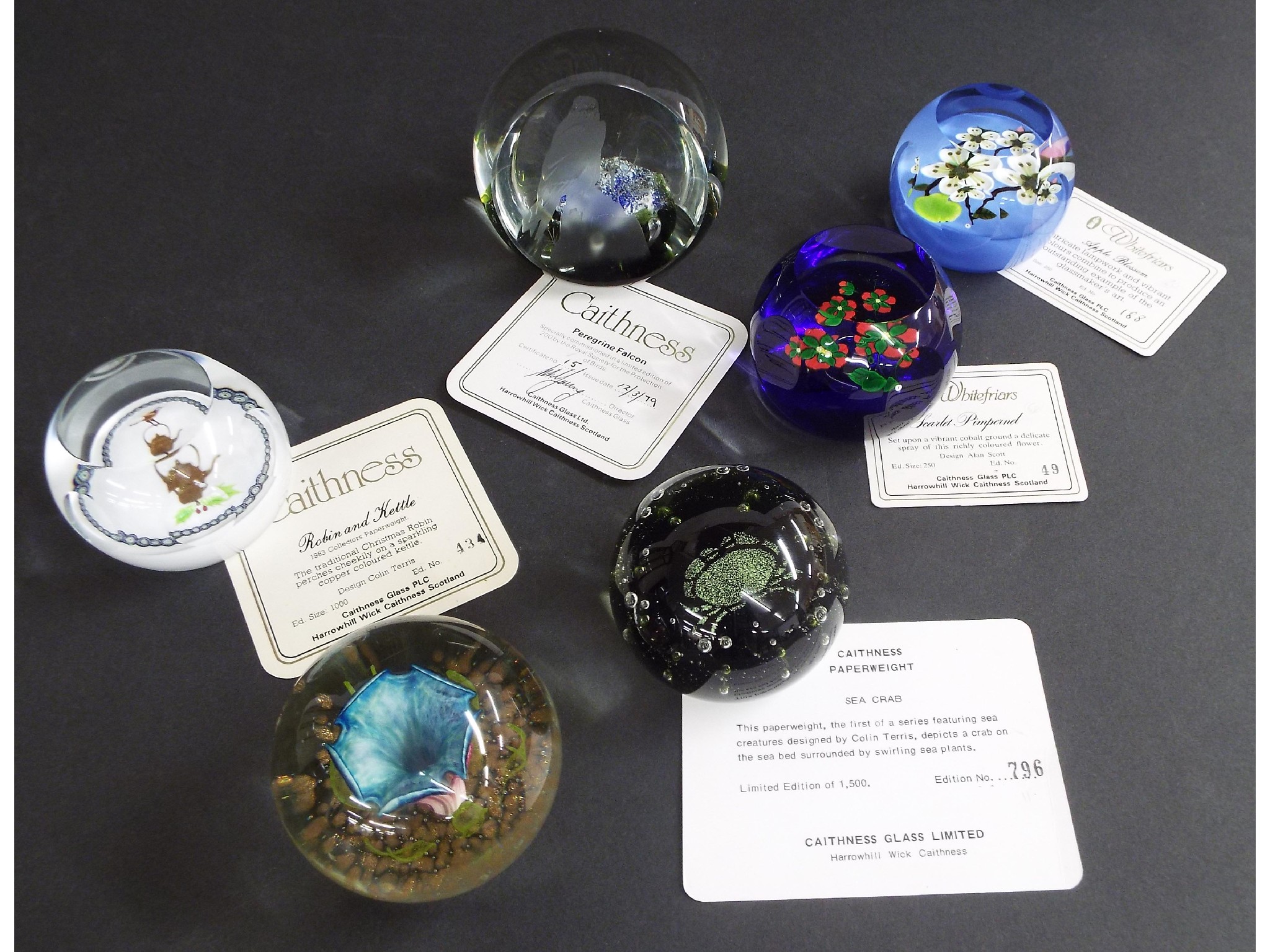 Appraisal: Collection of six Caithness glass paperweights to include 'Peregrine Falcon'