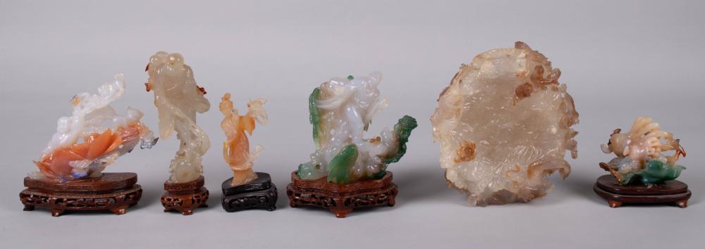 Appraisal: GROUP OF SIX CHINESE AGATE CARVINGS MODERN including a large