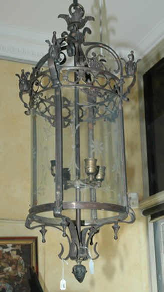 Appraisal: A FRENCH BRASS HALL LIGHT The cylindrical glazed panelled body