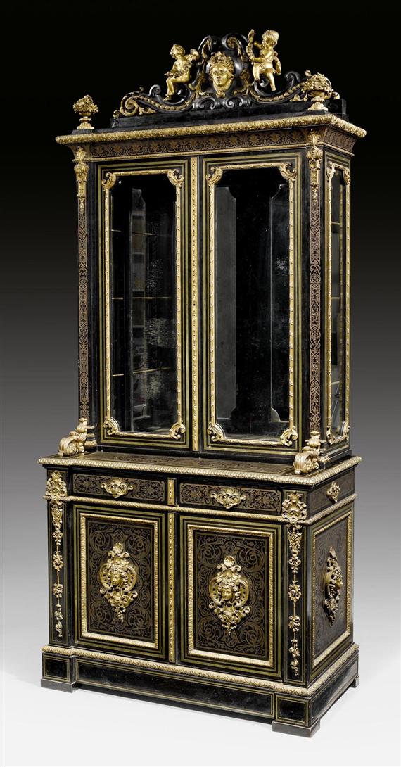 Appraisal: IMPORTANT VITRINE CABINET WITH BOULLE MARQUETRY AUX MASCARONS Napoleon III