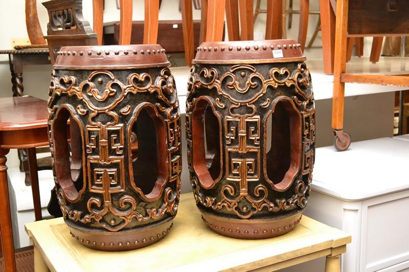 Appraisal: A PAIR OF DECORATIVE CARVED ORIENTAL STOOLS A PAIR OF