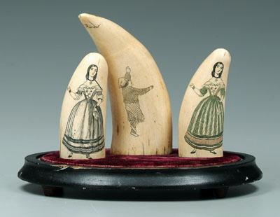 Appraisal: Three scrimshaw whale's teeth one with boy running and waving