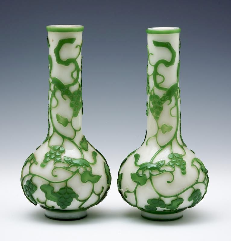 Appraisal: Pair of Chinese white and green peking glass vases Pair