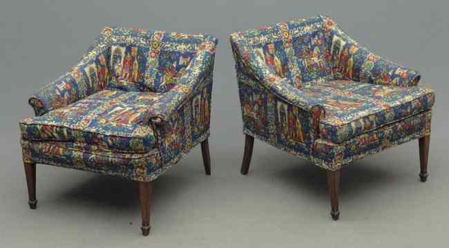 Appraisal: Pair Vintage upholstered chairs with Medieval theme fabric '' Seat