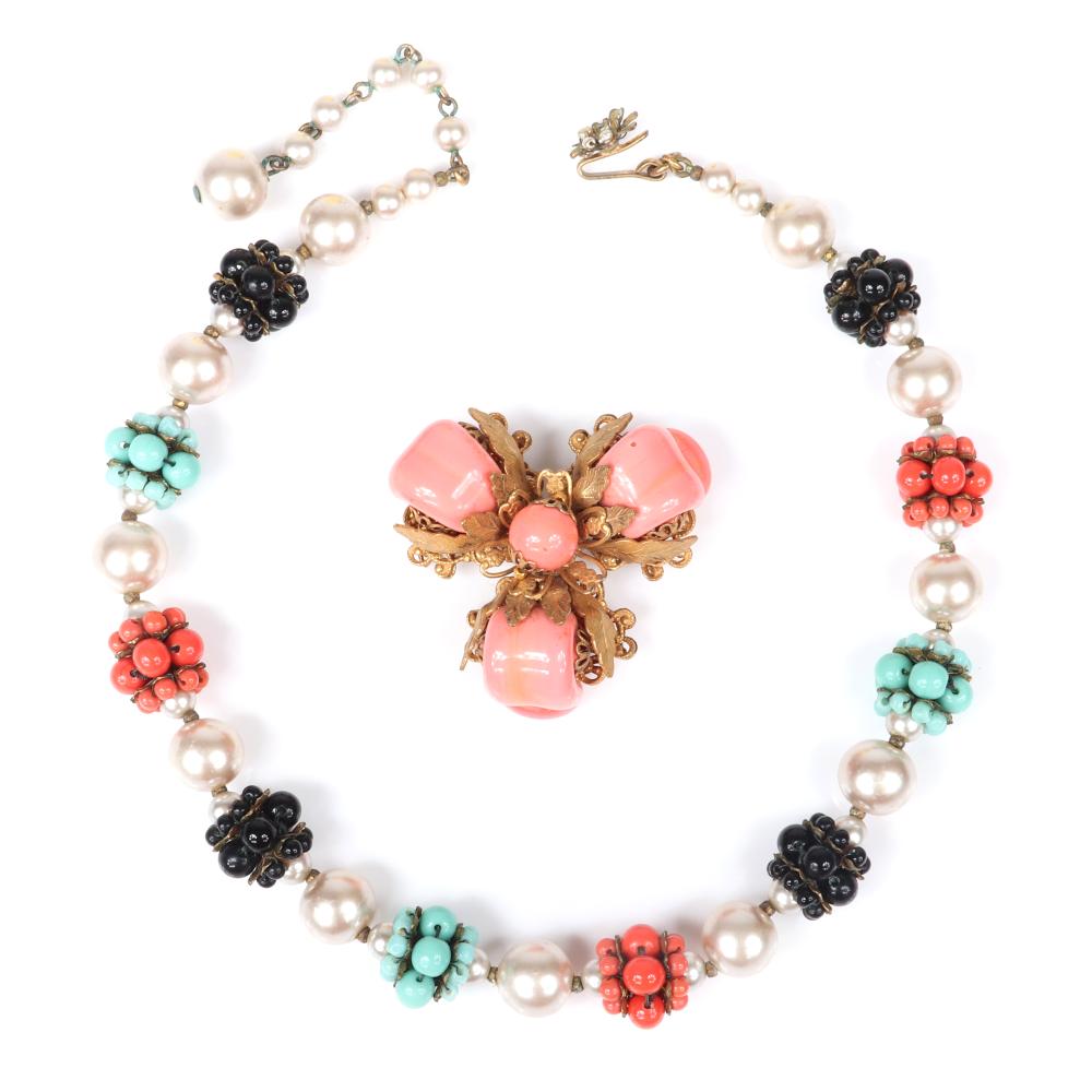 Appraisal: MIRIAM HASKELL NECKLACE WITH FAUX PEARLS AND BLACK TURQUOISE AND