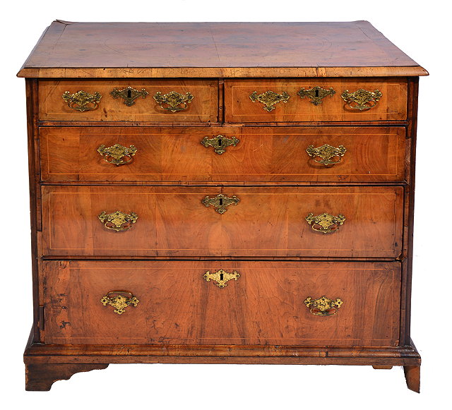 Appraisal: A GEORGE II WALNUT CHEST OF TWO SHORT AND THREE