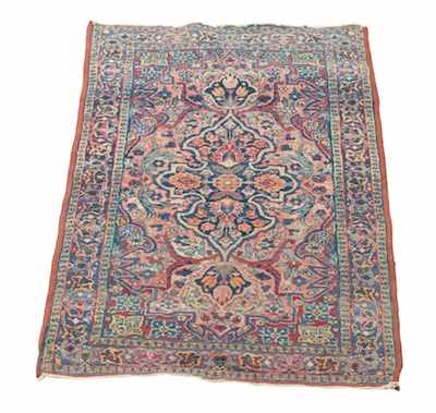 Appraisal: Small Kirman Rug Rose red ivory and blue wool on