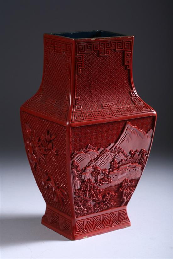 Appraisal: CHINESE RED CINNABAR VASE th century Riverscape decoration - in