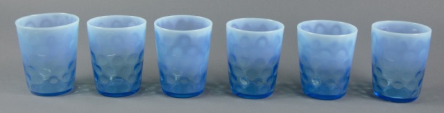 Appraisal: Six Handblown Blue Glass TumblersCirca With inverted thumbprint designs Opalescent