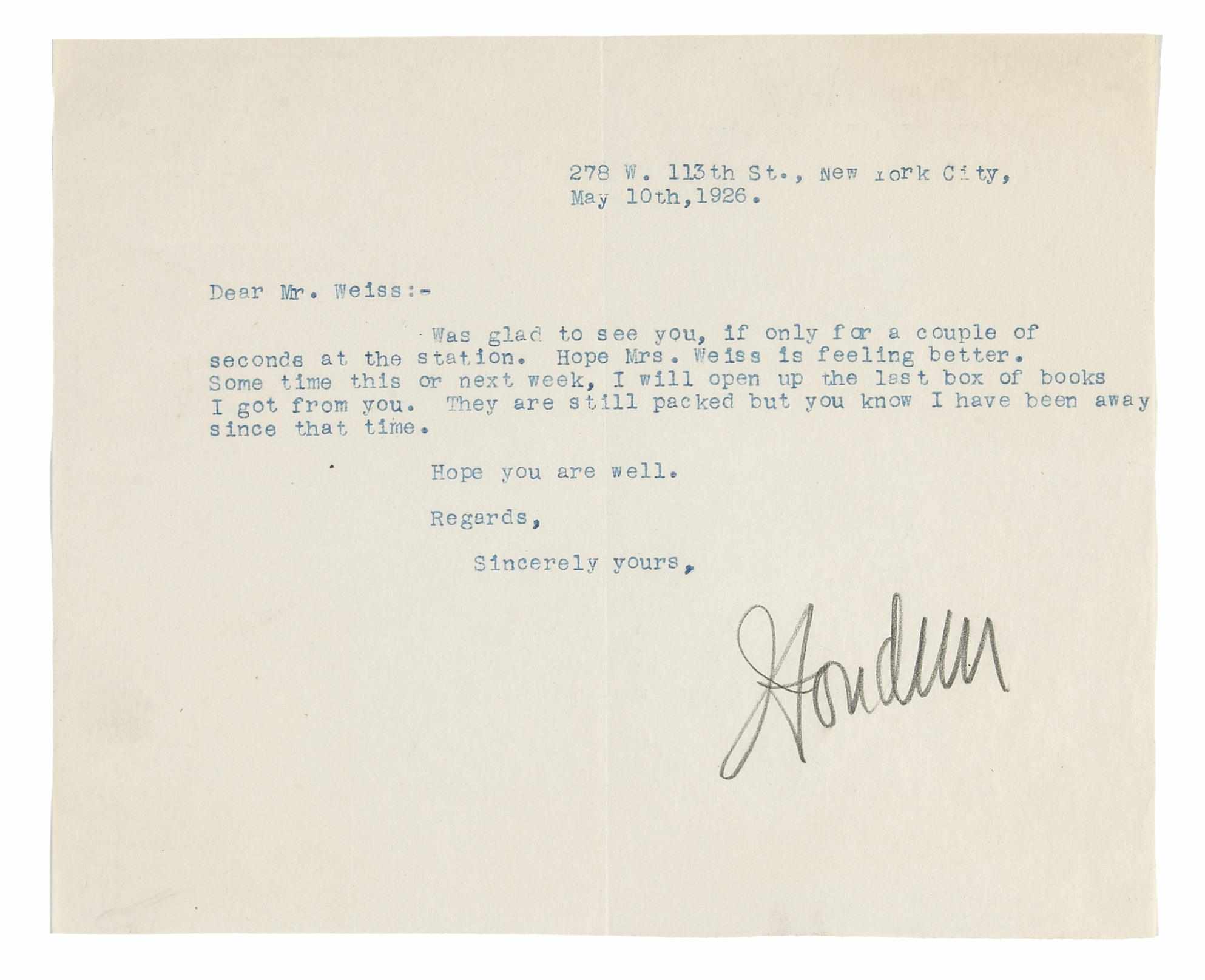 Appraisal: HOUDINI HARRY Typed Letter Signed ''Houdini'' in pencil p to