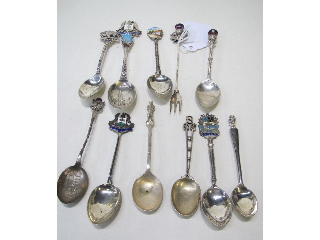 Appraisal: Lot comprising ten assorted silver souvenir spoons and a fork