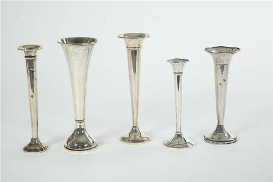 Appraisal: FIVE WEIGHTED STERLING BUD VASES All trumpet form on circular