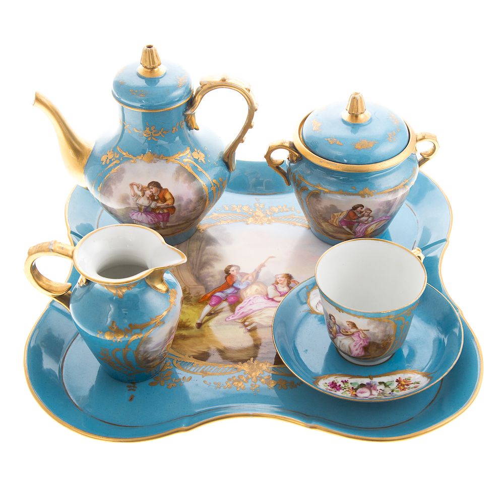 Appraisal: Sevres porcelain tete-a-tete partial tea set mid- th century bleu