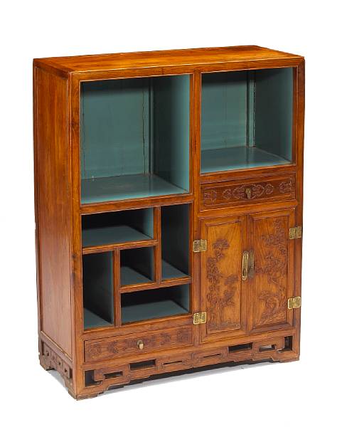 Appraisal: A huali and mixed wood display cabinet Built with open