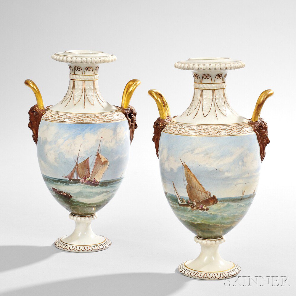 Appraisal: Pair of Wedgwood Hand-painted Queen's Ware Vases England c attributed