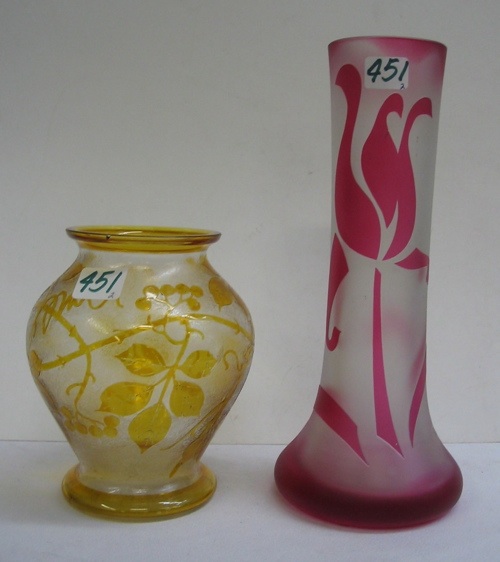 Appraisal: TWO CAMEO GLASS VASES The taller with plum colored floral