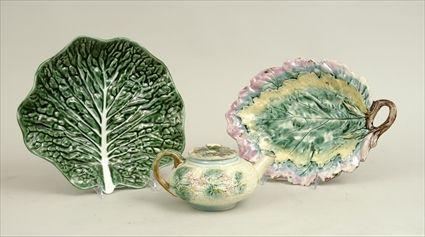 Appraisal: Three Majolica Articles Including a teapot leaf-form dish and cabbage