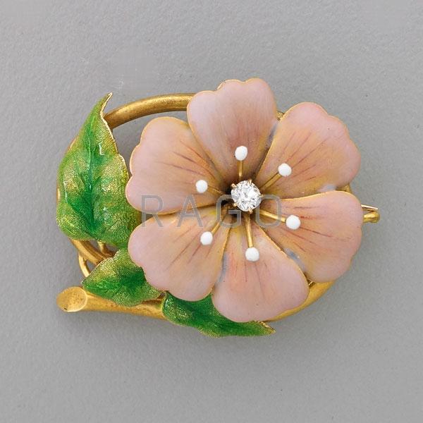 Appraisal: AMERICAN ART NOUVEAU ENAMELED GOLD FLOWER BROOCH Condition Report