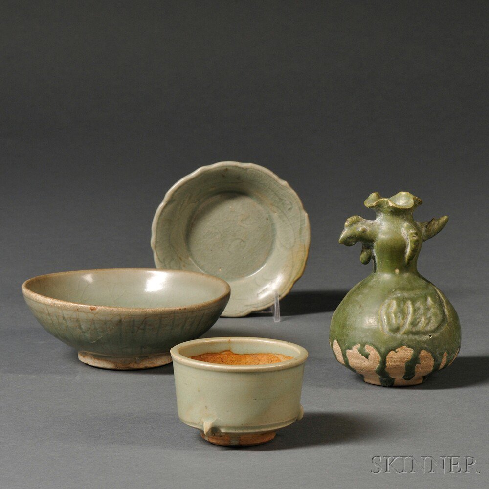 Appraisal: Four Green Glazed Items China all thickly potted including a