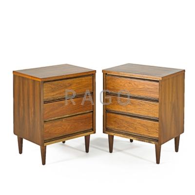 Appraisal: DANISH STYLE Pair of walnut three drawer nightstand and king