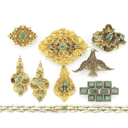 Appraisal: Group of Antique Gold Silver Emerald and Diamond Jewelry Estimate