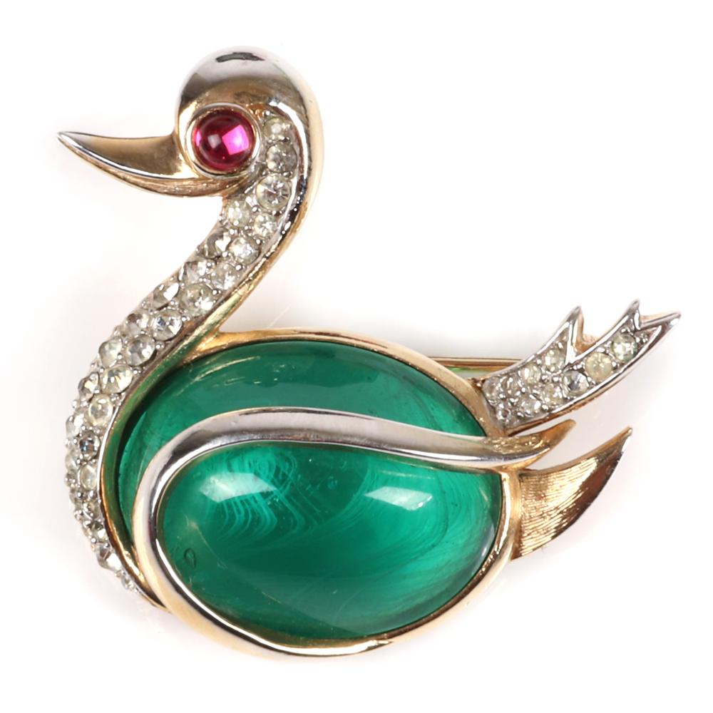 Appraisal: CROWN TRIFARI GREEN JELLY BELLY DUCK PIN BROOCH WITH RED