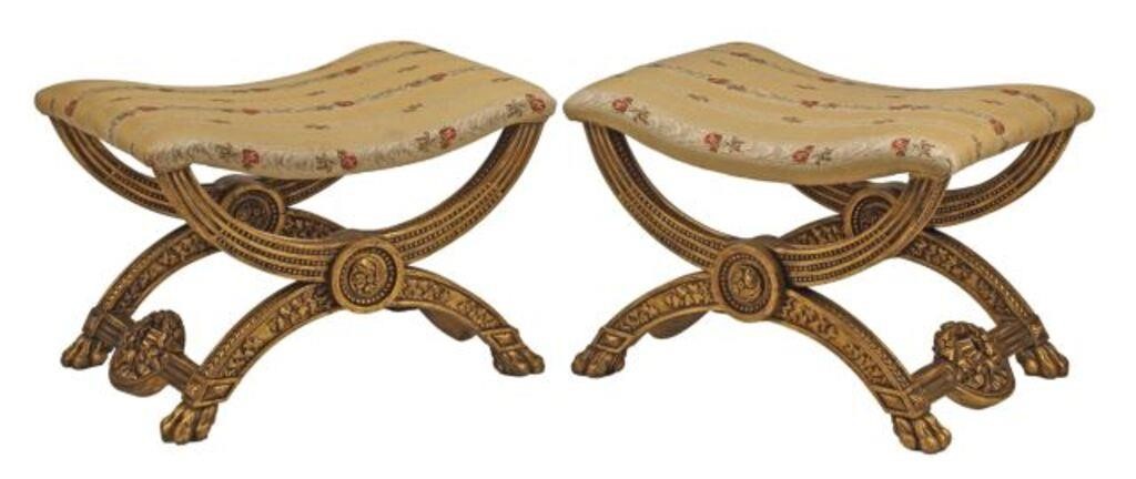 Appraisal: pair Neoclassical style giltwood curule benches with upholstered seat approx