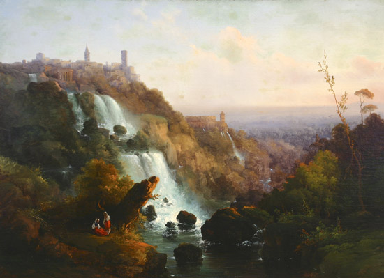 Appraisal: European School th- th Century Mountain Town View with Waterfall