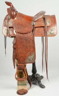 Appraisal: Keyston Bros Western Saddle And Stand Beautiful two-tone hand tooled