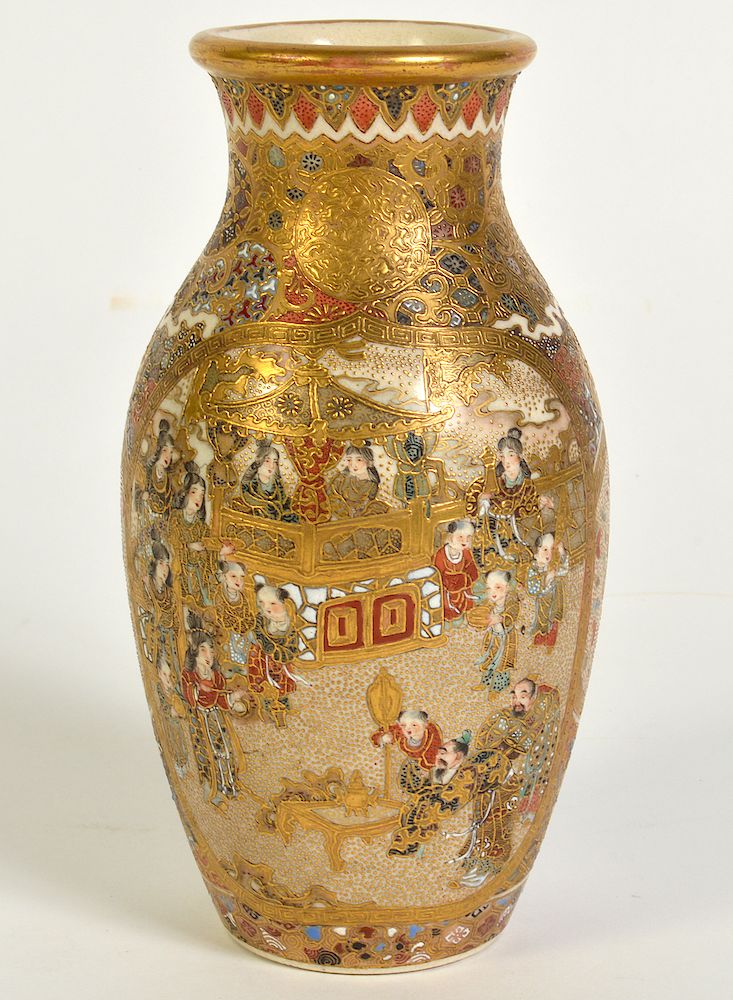 Appraisal: Satsuma Vase w Hand Painted Panels Gilt Trim Satsuma porcelain