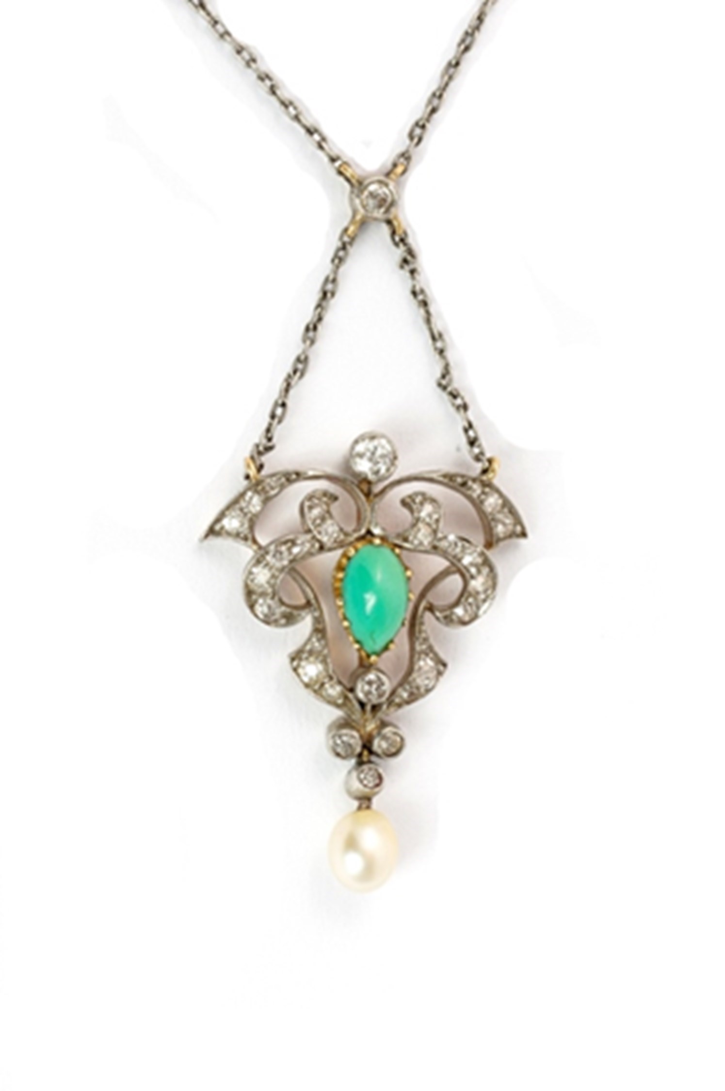 Appraisal: A diamond turquoise and cultured pearl set pendant necklace in