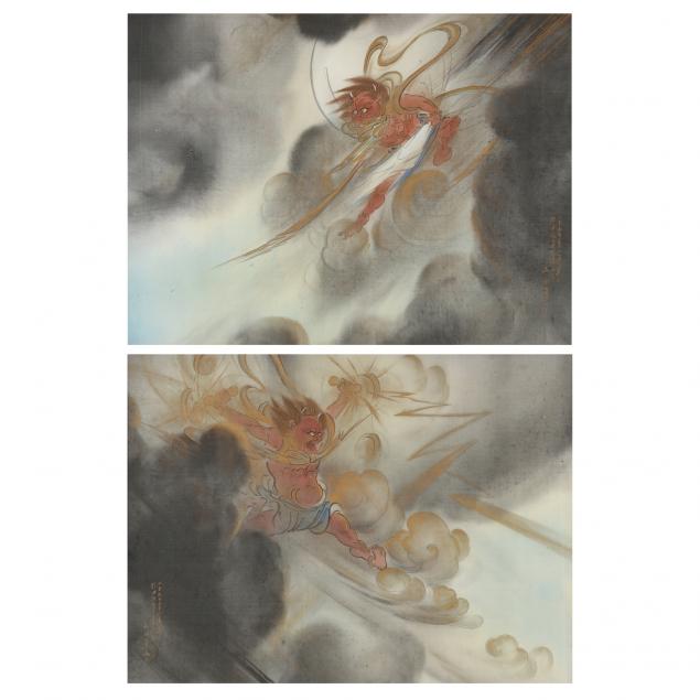 Appraisal: A PAIR OF JAPANESE PAINTINGS GOD OF THUNDER RAIJIN AND